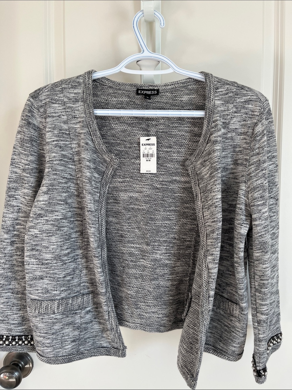 BNWT Express Gray Open-Front Knit Cardigan with Embellished Cuffs